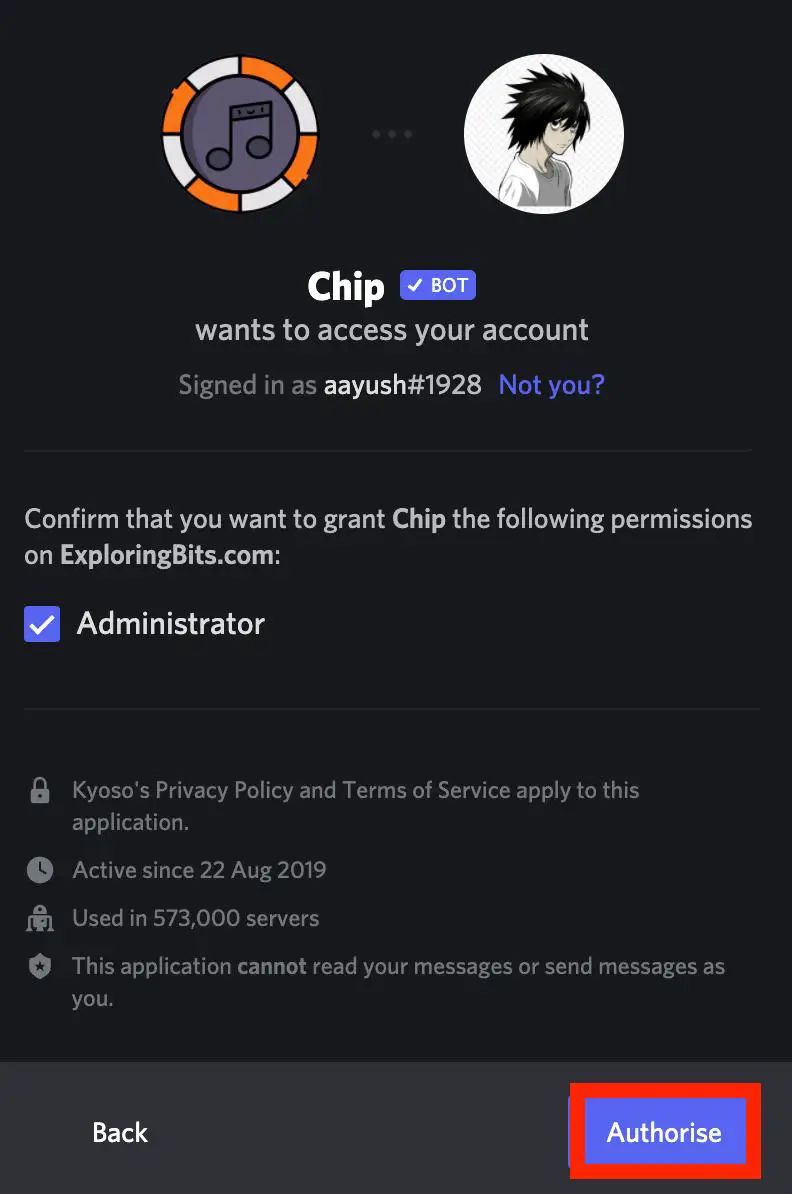 Authorise Permissions to Chip Bot