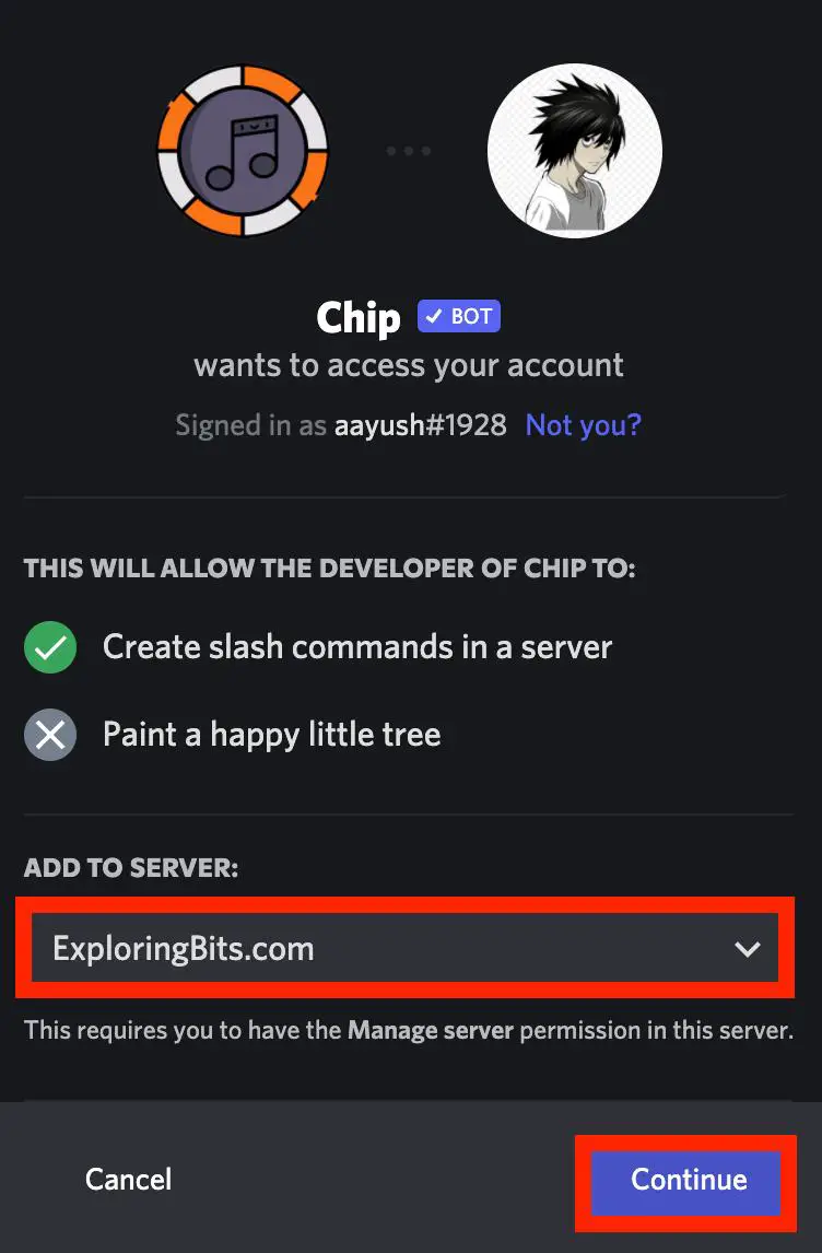 Select server for Chip Bot