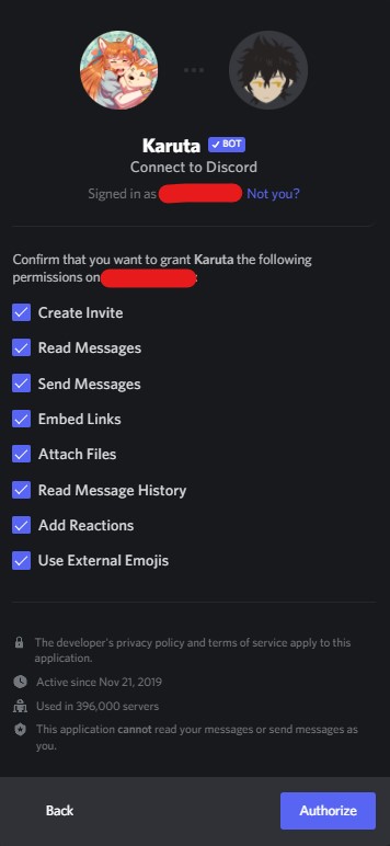 Permissions for Karuta Bot discord