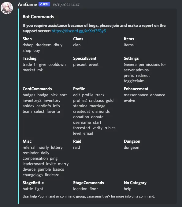 AniGame Bot Discord Commands