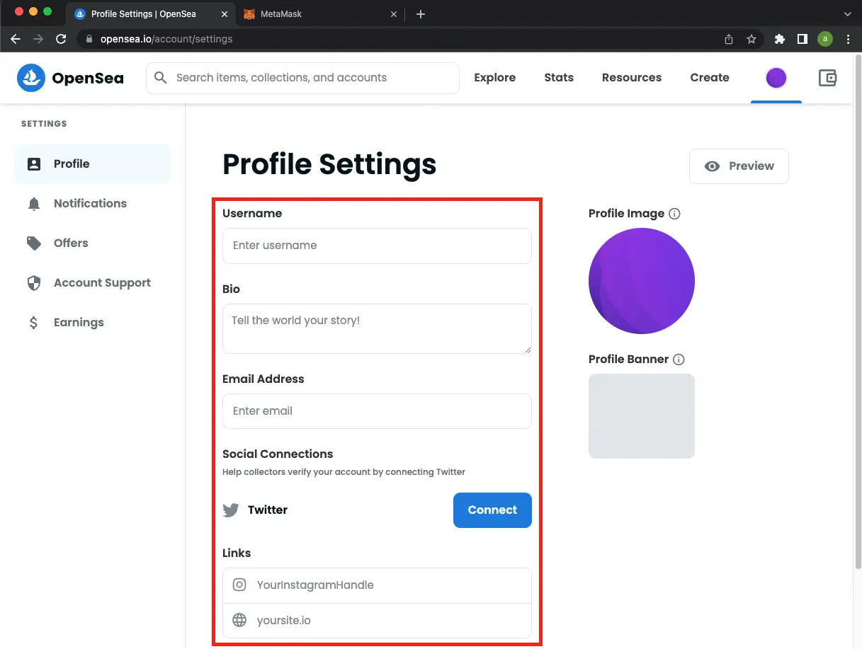 Edit profile OpenSea