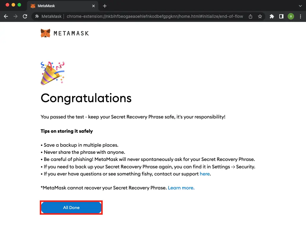 MetaMask Account Created