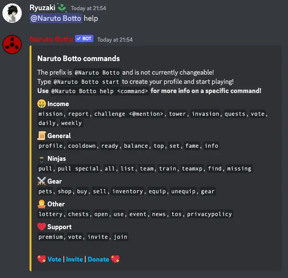 Naruto Botto bot commands list