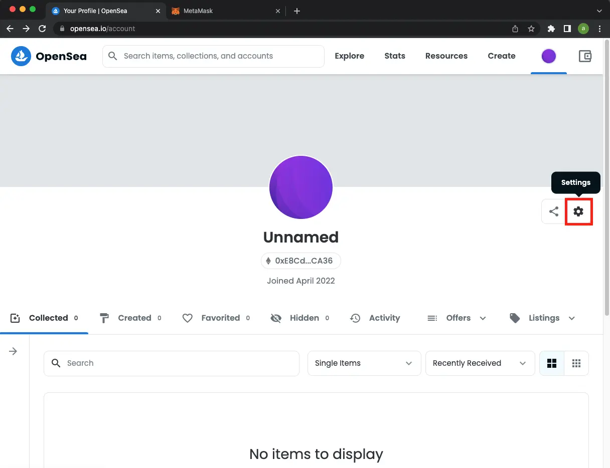 Settings on Opensea