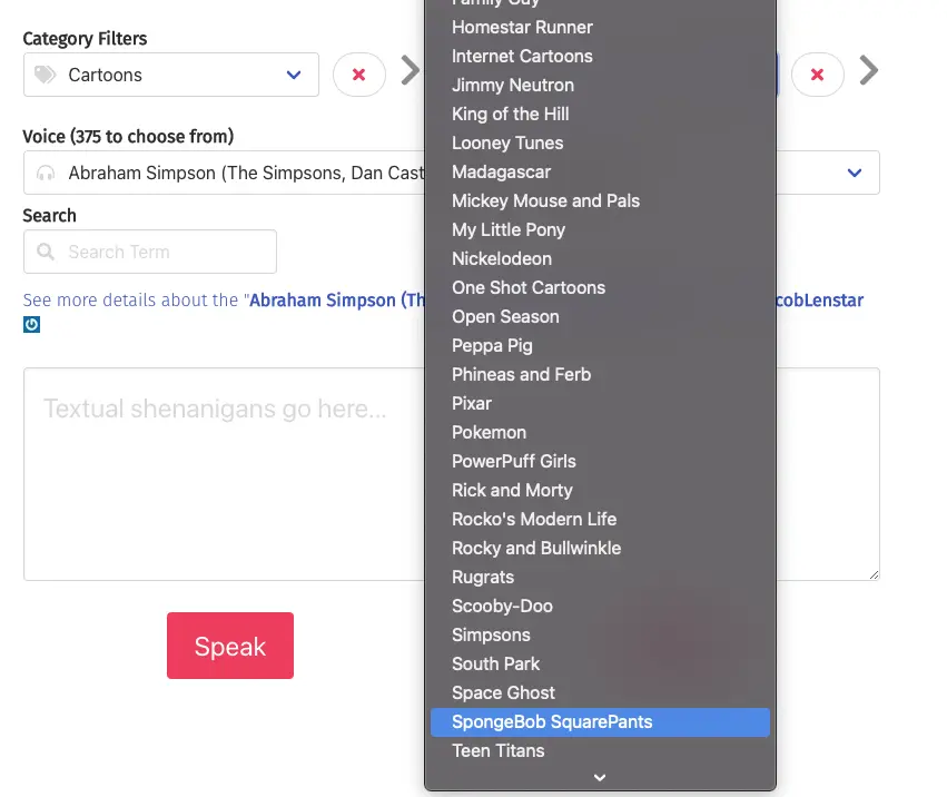 Spongebob Squrepants Text to Speech FakeYou tag