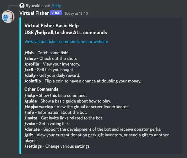 Virtual Fisher Bot Discord Commands List