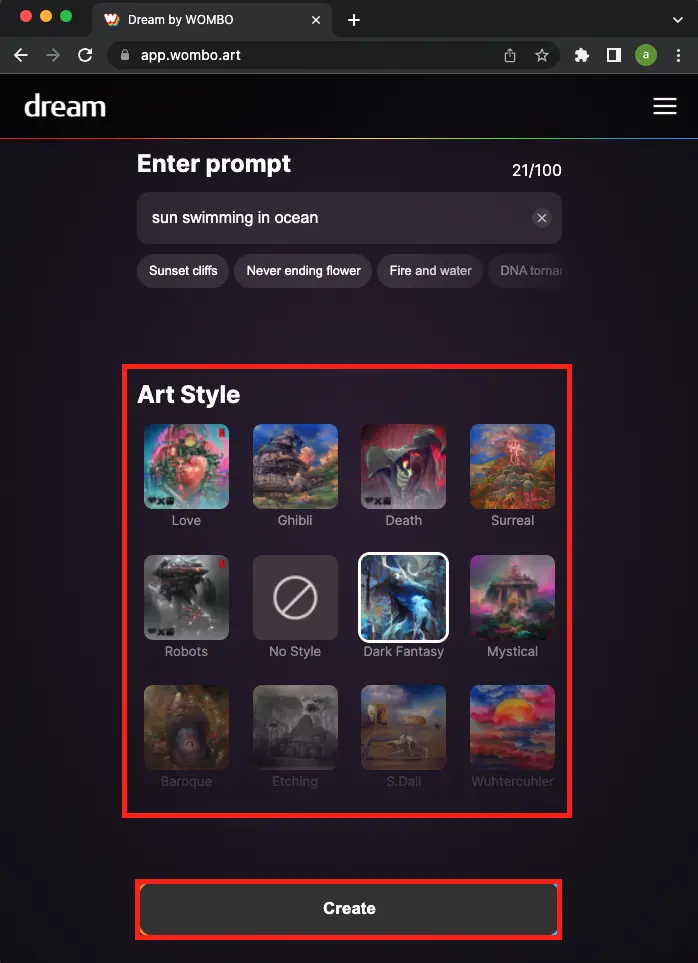 Select in the style and Create AI Art