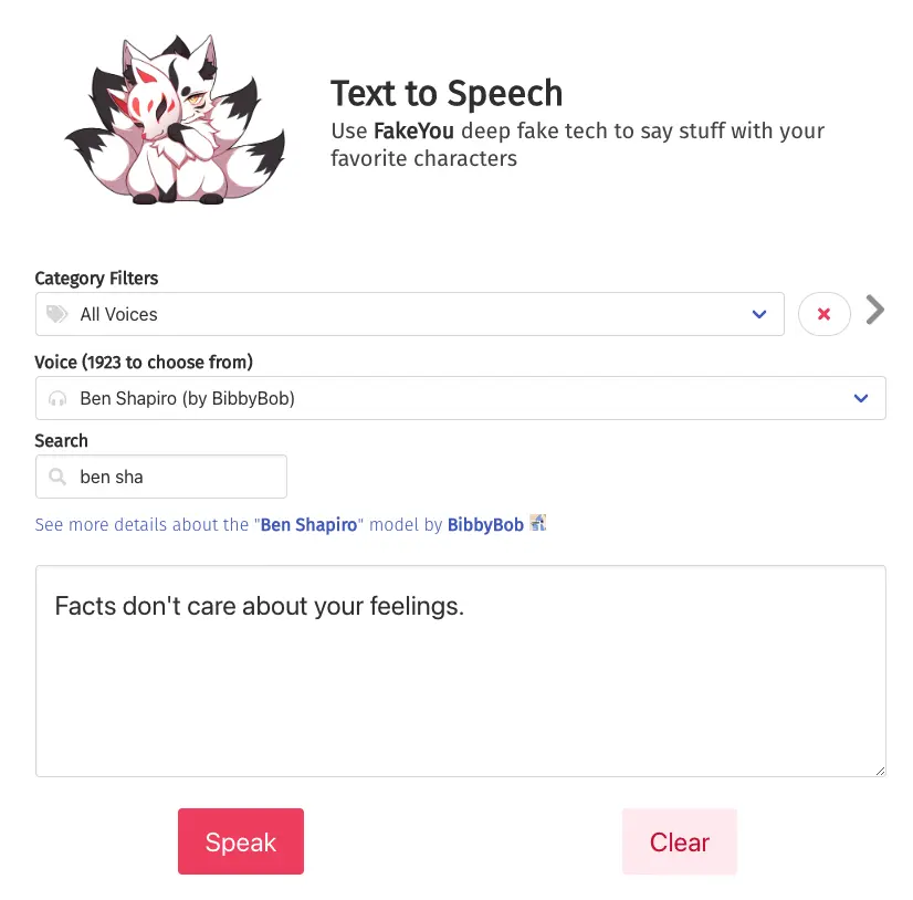 Ben Shapiro text to speech voice with fakeyou