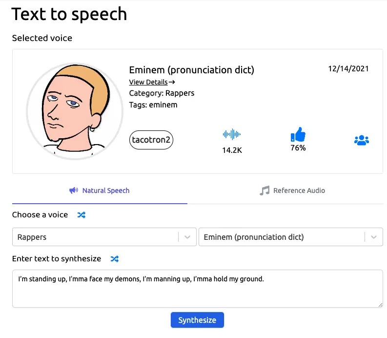 Eminem text to speech voices with uberduck.ai