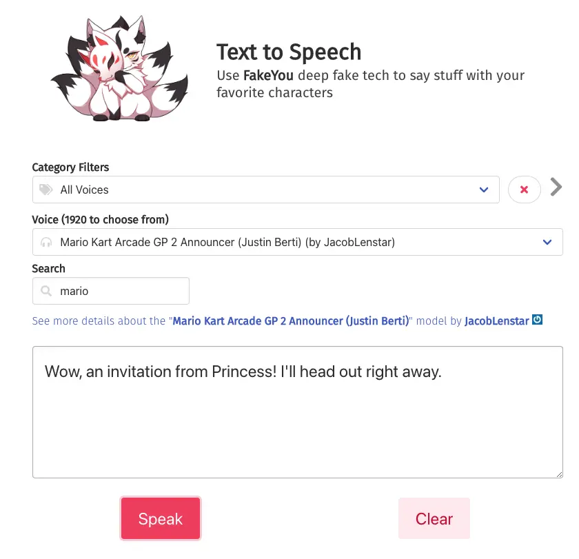 Mario text to speech voice with fakeyou.com
