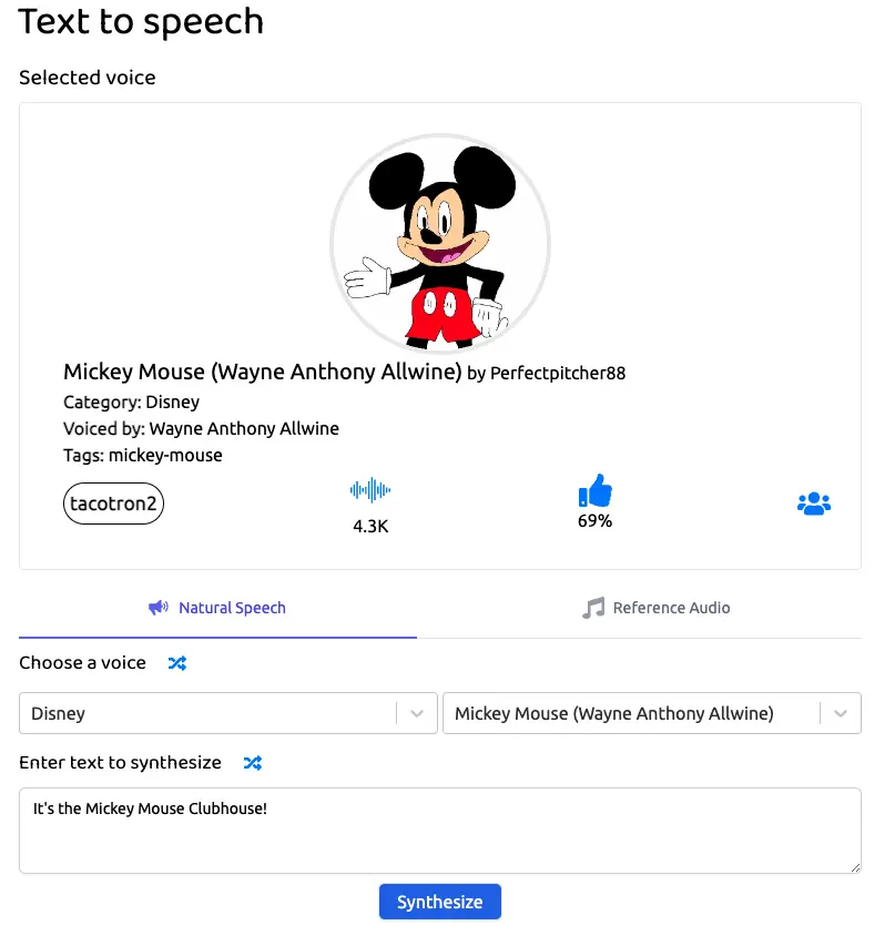 Mickey Mouse Text to Speech Uber Duck