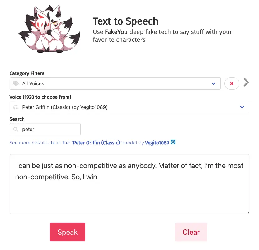 Peter Griffin text to speech voice with fakeyou.com