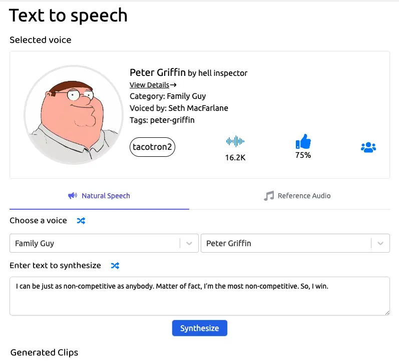 Peter Griffin text to speech voices with uberduck.ai