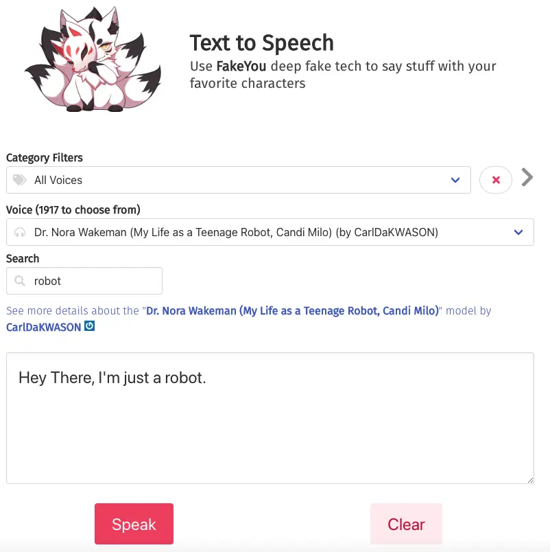 Robot Text to Speech voices with fakeyou.com