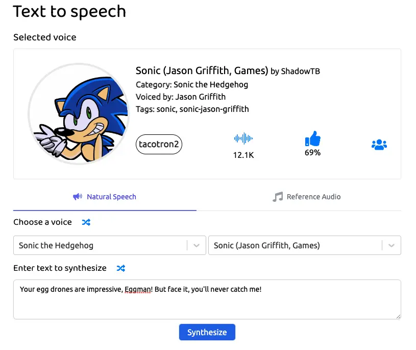 Sonic Text to Speech on Uberduck generated