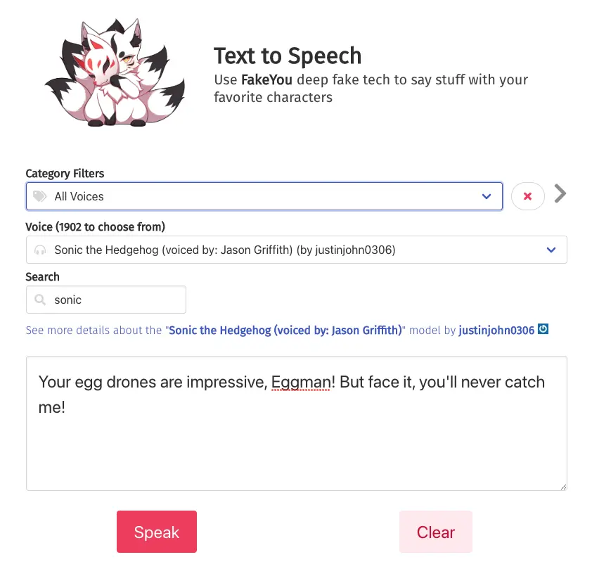 Sonic Text to speech Generated by FakeYou