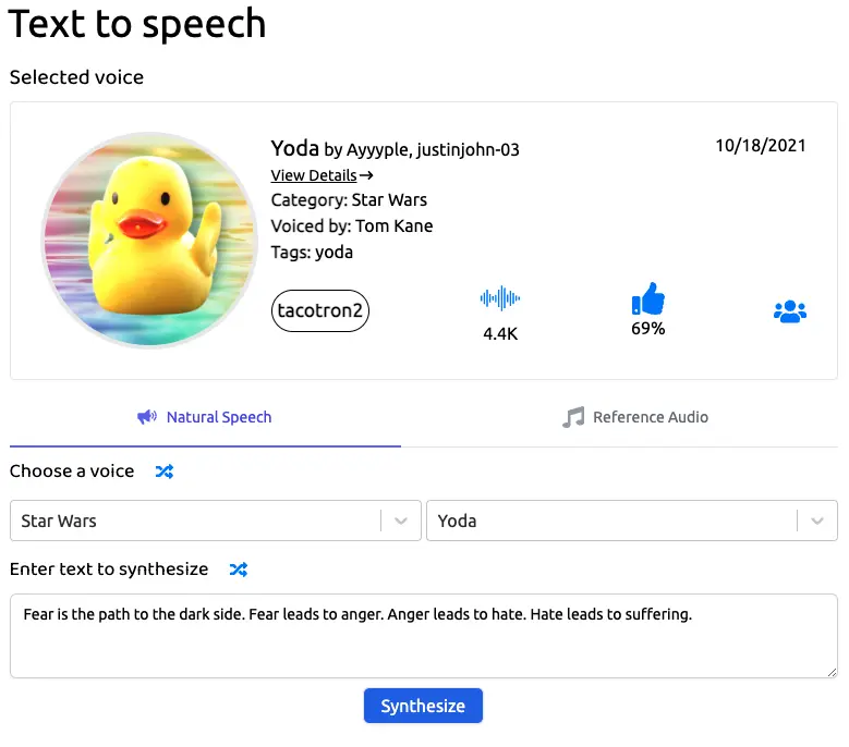 Yoda text to speech voices with uberduck