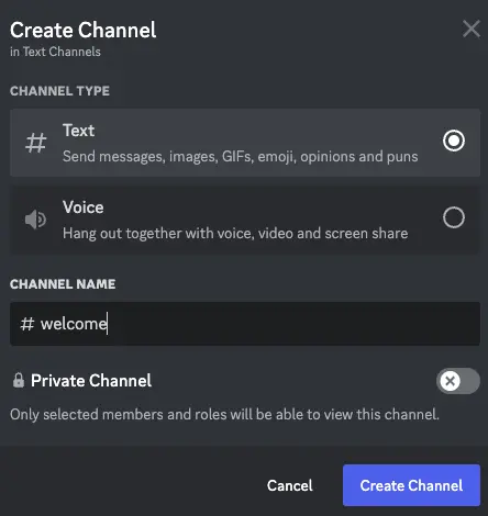 Welcome text channel