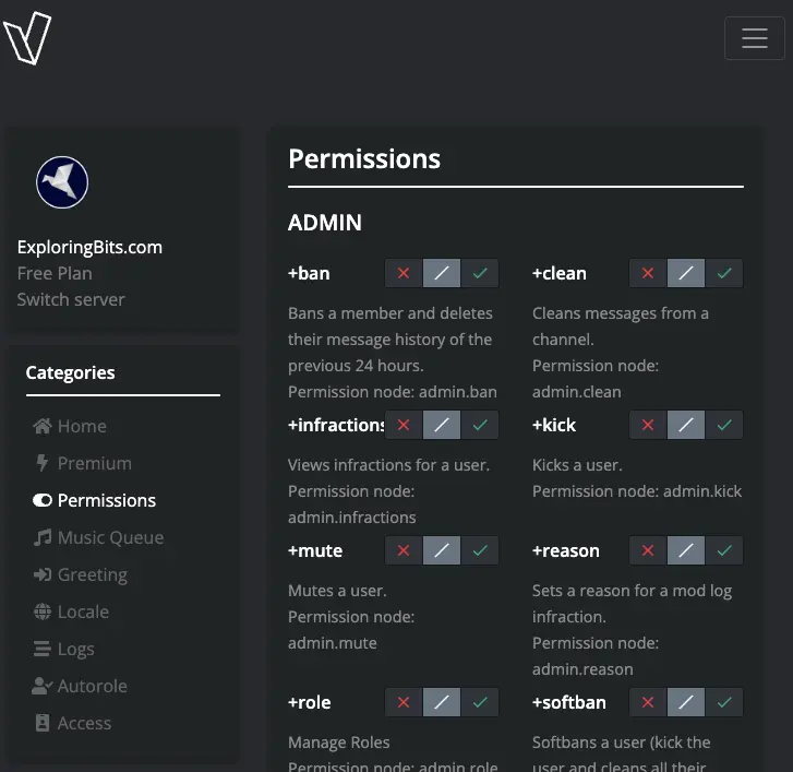 permission in the Vexera bot