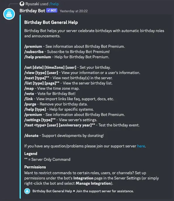 Birthday Bot Discord Commands List