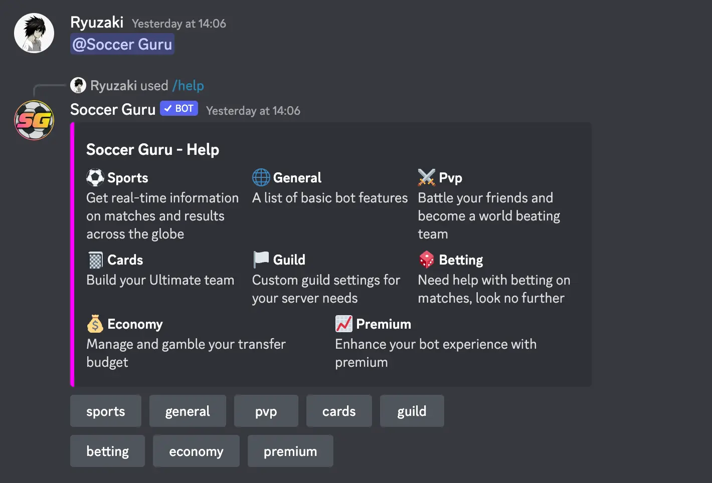 Soccer Guru Bot Commands List