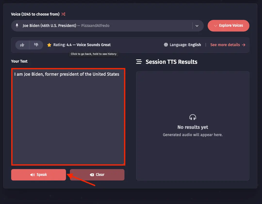 Enter Text in Joe Biden TTS