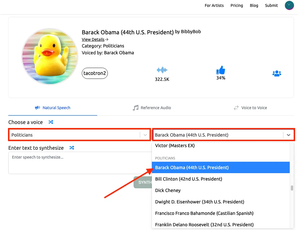 select barack obama tts from uberduck